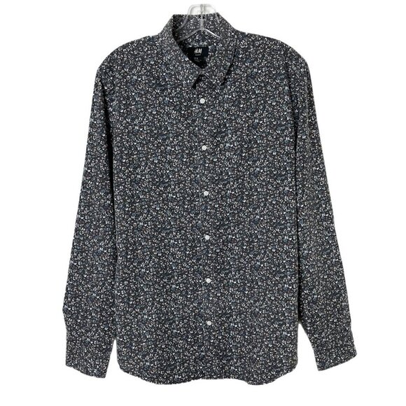 H&M Women's Button Up Shirt M Blue Floral Print Easy Iron Slim Fit Long Sleeve - Picture 1 of 7